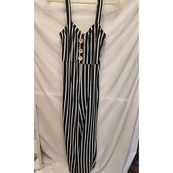 J Justify Jumpsuit Women's Large Black White Striped Stretchy Strapless Modern! - Picture 4 of 9